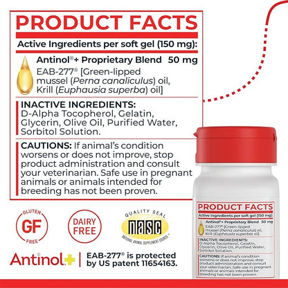 Antinol Plus, Mobility, Hip, and Joint Supplement for Dogs, Green-Lipped Mussels and Krill Oil - Dog Joint Supplement, Better and Faster Than Glucosamine and Chondroitin, 180 Soft Gels