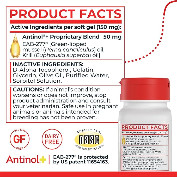Antinol Plus, Mobility, Hip, and Joint Supplement for Dogs, Green-Lipped Mussels and Krill Oil - Dog Joint Supplement, Better and Faster Than Glucosamine and Chondroitin, 90 Soft Gels