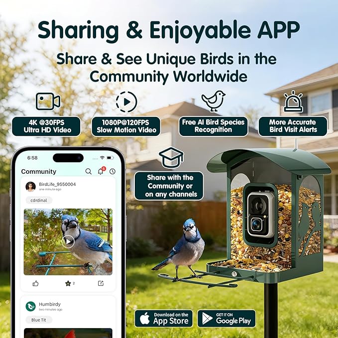Humbirdy-Bird Feeder with Camera, 8MP Ultra HD Video & Photo, 10x Slow-Motion, 4K 30fps Live View, No Subscription, AI Identify, 2.4G/5G Wi-Fi, Solar Powered, Dural Metal, Unique Bird Watching Gifts