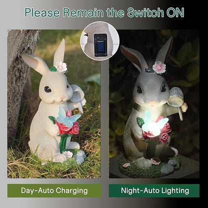 NYUWOAURC Garden Statues Rabbit with Solar Light,Bunny Outdoor Garden Decor Ornaments for Patio Yard Art,Birthday Easter House Warming Garden Gift for Women Mom,Resin Animal Figurine with Wider Base