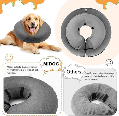 MIDOG Dog Cone - Inflatable Soft Donut Collar Alternative for Dogs After Surgery, Protective Recovery Collar Prevents Licking, Comfortable E-Collar Alternative for Small Medium Large Dogs (Gray, L+)