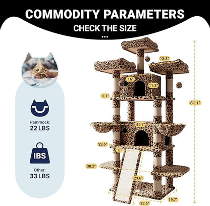 Allewie 82 Inches Large Cat Tree/House/XXL Tall Cat Towers for Big Feline/Scratching Post/Multi-Level Large Kitty Climbing Tree with Condo/Leopard Print