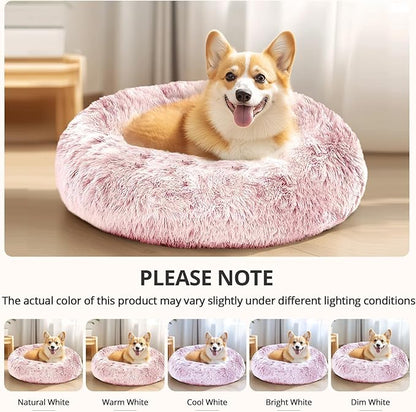 JOLLYVOGUE Small Dog & Cat Beds for Indoor Cats, Donut Cuddler Warming Soft Dog Beds with Anti-Slip Bottom, Round Calming Fluffy Plush Faux Fur Cushion Bed for Medium Dogs (31", Smoke Pink)