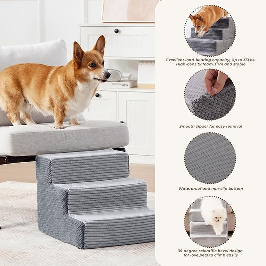 HYLEORY Dog Stairs for Bed 13.5''H, 3-Step Pet Stairs for Small Dogs Cats, Sturdy Pet Steps with Non-Slip Bottom, Functional Portable Dog Ramp for Couch/Chair/Sofa/Car, Storage Pocket, Light Grey-Grey