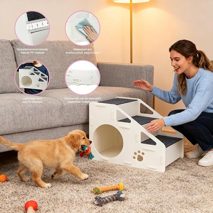 Dog Steps - 4-Step Non-Slip Pet Stairs | Puppy House Ladder, Dog Ramp, Foldable Lightweight Design for Easy Storage, Perfect for Small, Medium, and Large Dogs, as Well as Cats to Access