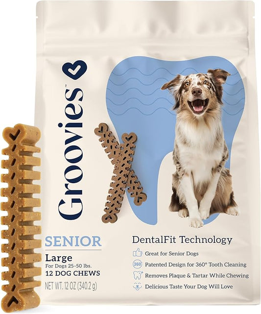 Groovies Slightly Softer, Yet Flexible Dental Chew for Senior Dogs & Delicate Chewers. Powered by USA-Patented DentalFit Tech. No Added Gluten, No Artificial Flavors or Colors. 12oz Large (12Chews)
