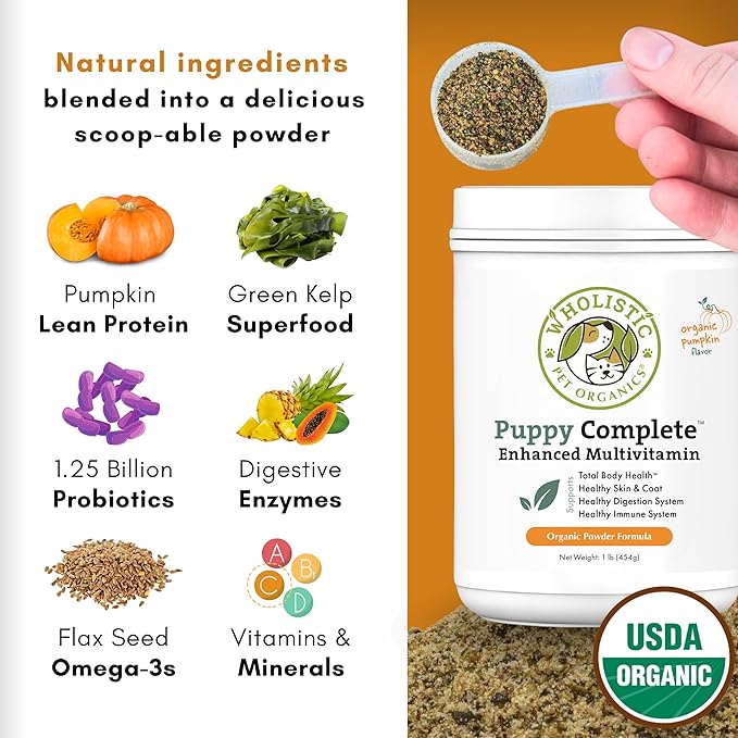 Wholistic Pet Organics Puppy Complete - Dog Multivitamin Powder - 1 Lb - Daily Dog Vitamins & Supplements for Homemade Food - Immune System, Skin, Coat & Overall Health - Small and Large Breed Puppies