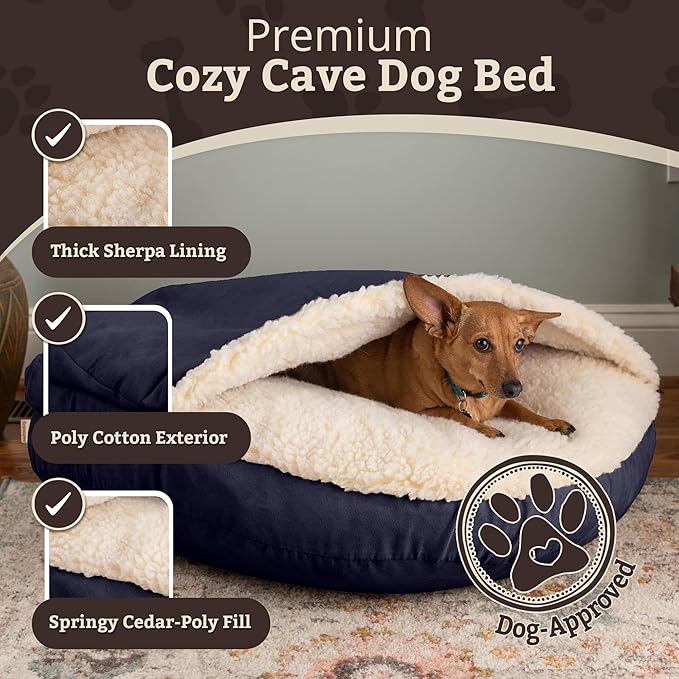 Snoozer Cozy Cave Dog Bed - Indoor Dog Bed with Cover Cave, Covered Calming Burrow for Small & Medium Sized Pets with Blanket Attached, Enclosed, Removable Washable Cover - Large, Navy