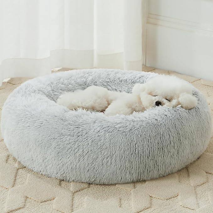 WNPETHOME Donut Dog Beds Large Sized Dog,Anti-Anxiety Caming Large Pet Bed,Fluffy Faux Fur Plush Puppy Bed，Warming Cozy Soft Round Bed for Pet, Cat Cuddler Cushion
