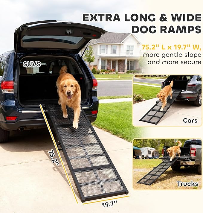 PawHut Dog Ramp for Car, 75" x 20" Large Folding Pet Ramp with Non-Slip Surface, Extra Long and Wide, Portable Pet Stairs for Large, Small & Senior Dogs to Get in Cars, SUVs, Trucks & Beds