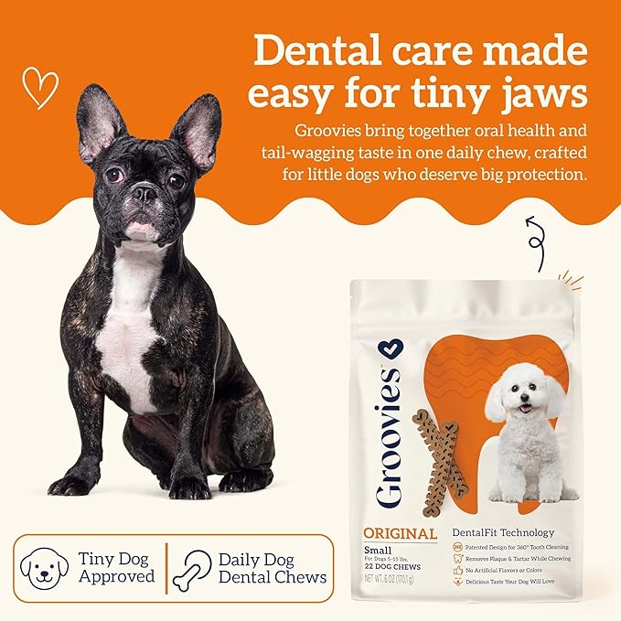 Groovies Flexible, Yet Moderately Tough Daily Dog Dental Chews. Powered by USA-Patented DentalFit Technology. No Added Gluten, No Artificial Flavors or Colors. Original 6oz (Small 22Chews)