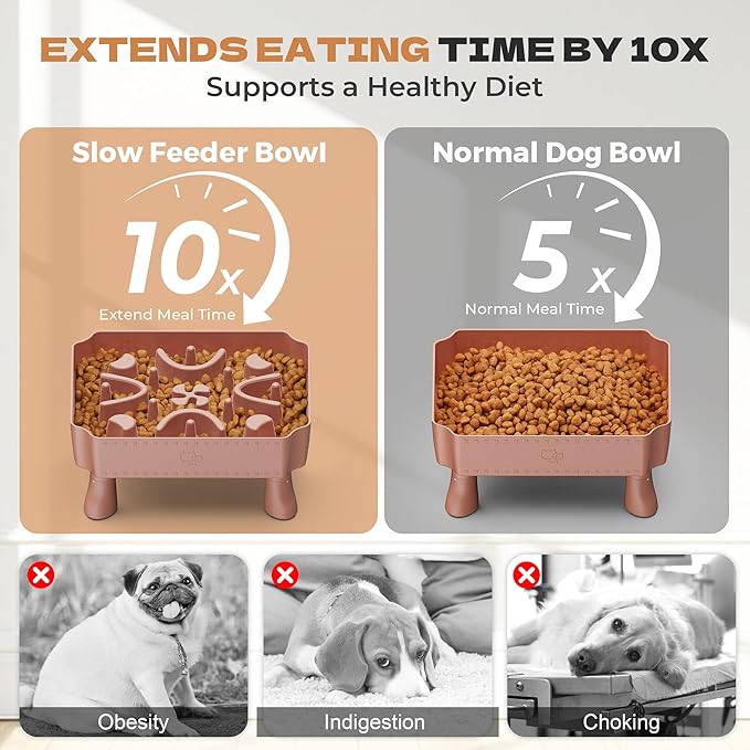 UPSKY Slow Feeder Dog Bowl, 2-in-1 Raised Dog Bowl with Anti-Choking Maze Puzzle, 2-6 Cups Pet Food for Small & Medium Breeds, Interactive Pet Feeder to Slow Eating, Reduce Boredom Pink