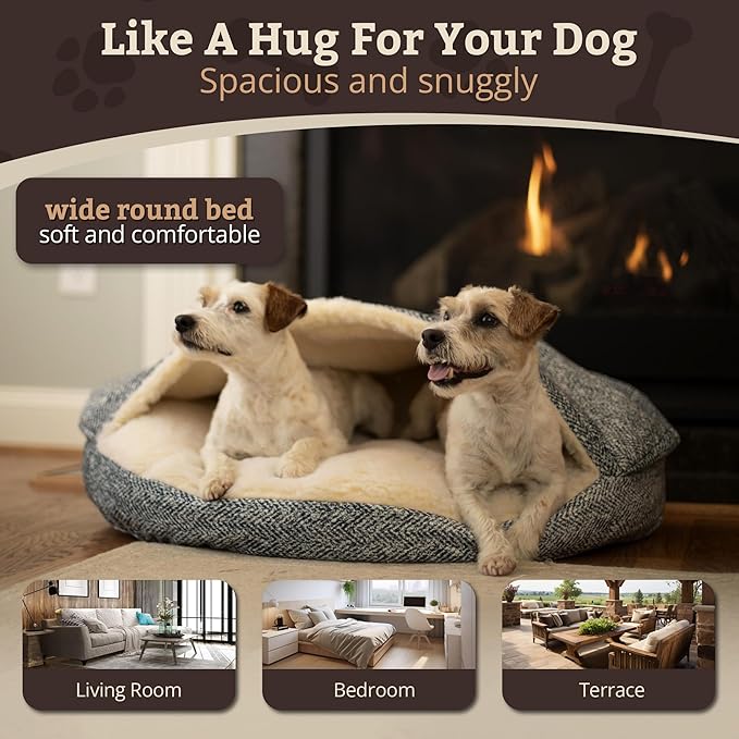 Snoozer Cozy Cave Dog Bed - Indoor Dog Bed with Cover Cave, Covered Calming Burrow for Small Sized Pets with Blanket Attached, Enclosed, Removable Washable Cover - Small, Palmer Indigo