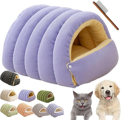 Winter Cave,Warmth Cozy Comfort Plush Pet Cave,Cute Cozy Safe Hideaway Cat Bed with Removable Cushion,Warm Soft Removable Washable for Cats and Dogs (Purple, L:22.44 * 14.56 * 11.02 in)