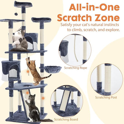 Sweetcrispy 79 inch Cat Tree Tower, Large Multi Level Cats Climbing Tower with Condo, Natural Sisal Scratching Posts, Extended Platform, Basket, Tall Pet Tree House for Indoor Cats Play, Dark Blue