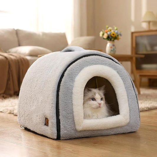 Cat Bed for Indoor Cats，Foldable cat cave，Anti-Slip & Water-Resistant Bottom，cat Houses for Indoor Cats or Small Dogs, Kitten Tent, Rabbit Bed，2 in 1 pet Bed (Grey)