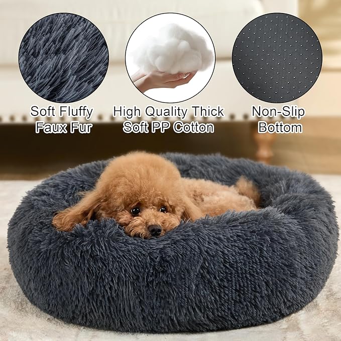 Dog Calming Beds for Small Medium Large Dogs - Round Donut Washable Puppy Dog Bed, Anti-Slip Faux Fur Fluffy Donut Cuddle Anxiety Cat Pet Bed(20" Dark Grey)