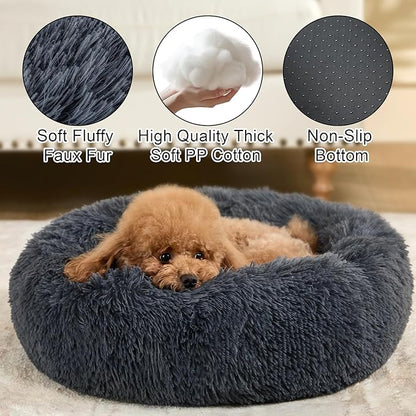 Dog Calming Beds for Small Medium Large Dogs - Round Donut Washable Puppy Dog Bed, Anti-Slip Faux Fur Fluffy Donut Cuddle Anxiety Cat Pet Bed(20" Dark Grey)