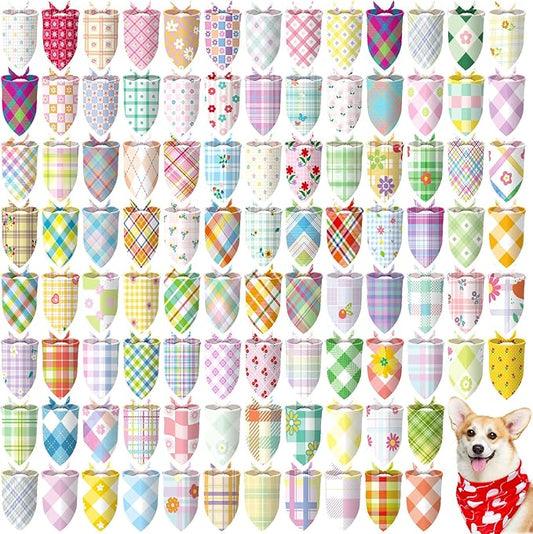100 Pcs Spring Dog Bandanas Bulk Pet Bibs Colorful Triangle Scarf Pet Bandanas for Medium Large Dogs Spring Summer Birthday Costume Decoration