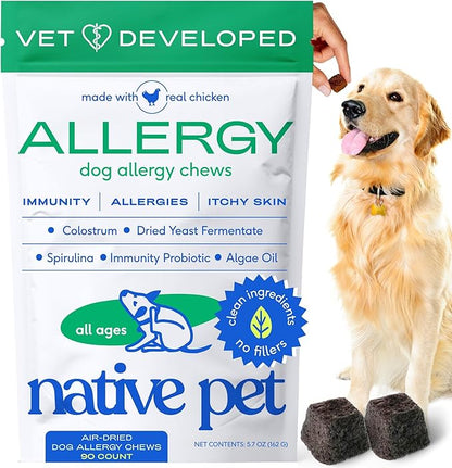 Native Pet Dog Allergy Chews - Dog Allergy Relief with Probiotics and Colostrum for Itchy Skin Relief to Support Seasonal Allergy and Healthy Immune System - All Natural Anti-Histamine - 90 Chews