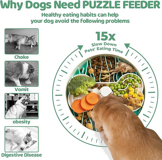 Puzzle Feeder Slow Feeder Dog Bowl for Large Dogs with Non-Slip Base - Adjustable Speed Design, Removable Puzzle Inserts & Dishwasher Safe, Green