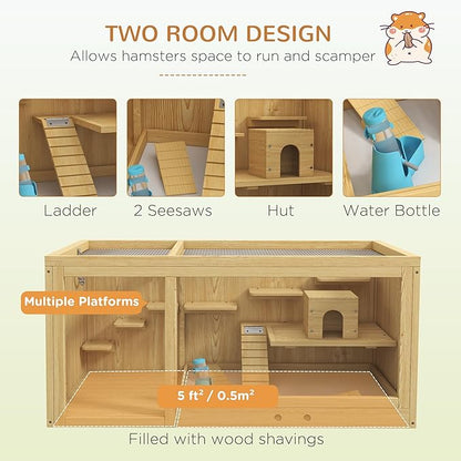 PawHut Wooden Hamster Cage, Extra Large Gerbil Cage, Multi-Layer Small Animal Cage for Dwarf Hamster, Activity Center with Pull-Out Tray, Seesaws, Water Bottle, Ladder, Openable Top