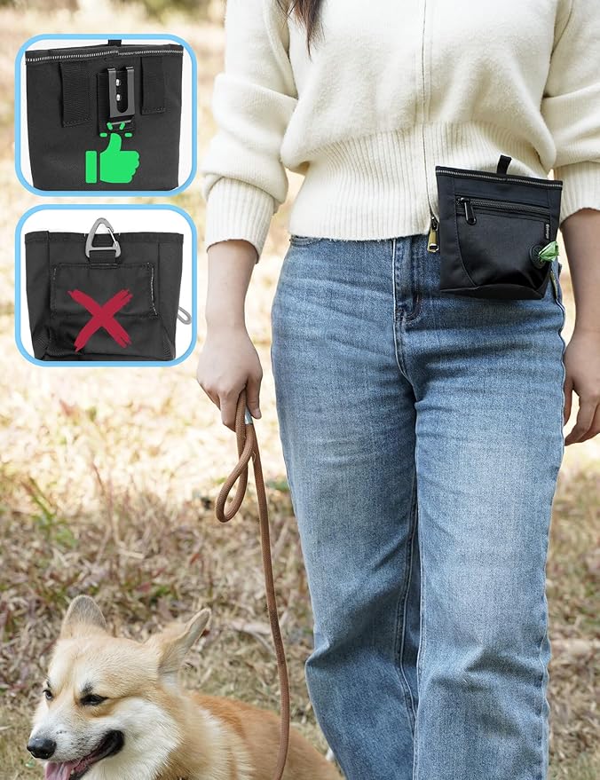 Gobeigo【Silicone Insert Bag Version】Dog Treat Pouch and Training Clicker, 2 Pair Magnetic Closure, 2 Cup Walking Fanny Pack with Poop Bag Dispenser, Metal Belt Clip &Waist Strap