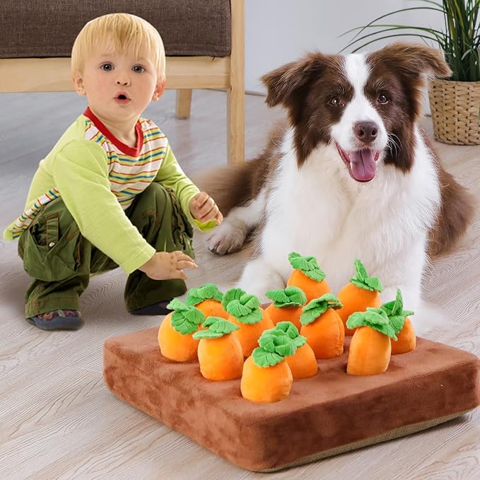 Interactive Dog Toys，Carrot Snuffle Mat for Dogs Plush Puzzle Toys 2 in 1 Non-Slip Nosework Feed Games Pet Stress Relief with 12 Carrots