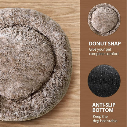 JOLLYVOGUE Calming Dog & Cat Bed for Small Dogs, Anti-Anxiety Donut Cuddler Cozy Soft Round Bed with Anti-Slip Bottom, Fluffy Faux Fur Plush Cushion Beds for Small Dogs, 20"/Smoke Brown