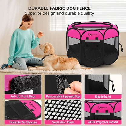 Dog Cat Playpen, Medium Puppy Pet Playpen, Dog Crate Tent Cage Indoor/Outdoor, Portable Pop Up Dogs Kennel Playpen with Carrying Case for Dogs/Cats/Rabbits, Hot Pink