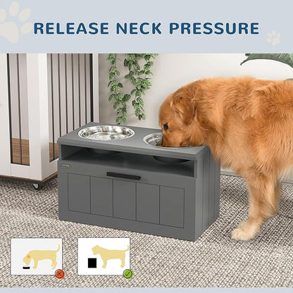 PawHut Elevated Dog Bowls, Raised Dogs Bowl Stand with 2 Stainless Steel Bowls, Storage Drawer and Slow Feeder Mat, Dog Feeding Station for Large and Extra Large Dogs, Gray