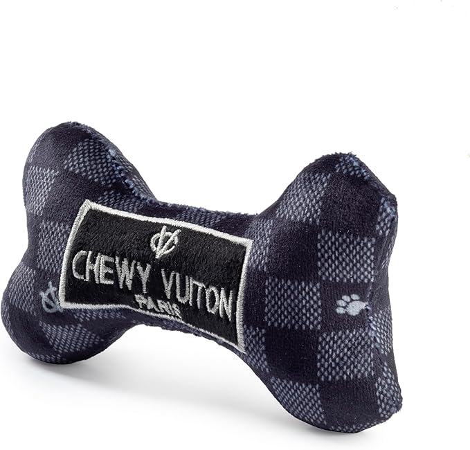 Haute Diggity Dog Black Checker Chewy Vuiton Bone, Plush Designer Dog Toys with Interactive Squeaker, Stimulating Pet Enrichment, Machine-Washable & Safe Materials for All Breeds, Size Small