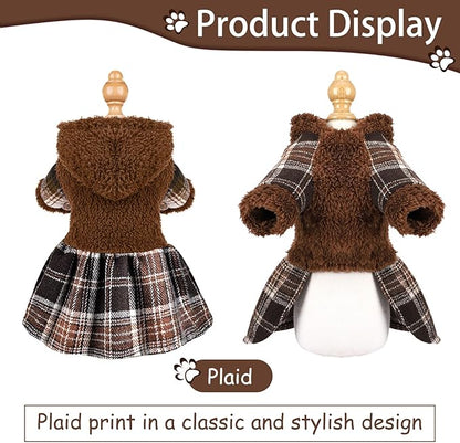 Dog Dress, Cute Warm Fleece Hooded Sweater for Small Dogs Girl, Plaid Puppy Dresses Clothes Chihuahua Yorkie Cat Apparel （Brown,S