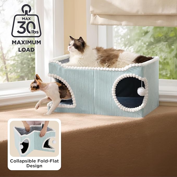 Bedsure Large Cat Beds for Indoor Cats - Extra Wide Cat House with Scratch Removable Top Sisal Pad for Multi Cats, Foldable Cave Hideaway for Entertainment, 23.6x15.9x12.6inches, Blue