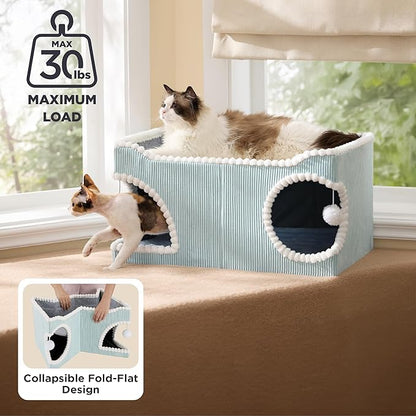 Bedsure Large Cat Beds for Indoor Cats - Extra Wide Cat House with Scratch Removable Top Sisal Pad for Multi Cats, Foldable Cave Hideaway for Entertainment, 23.6x15.9x12.6inches, Blue