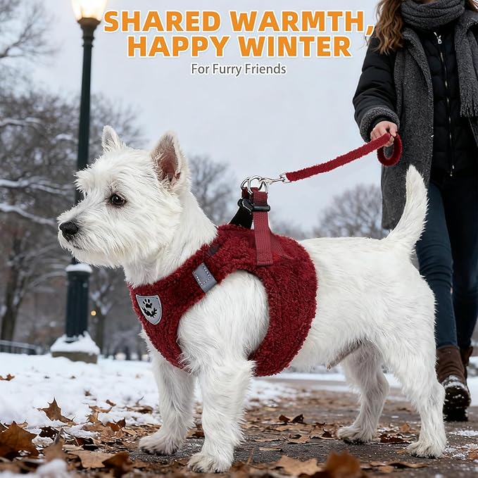 KOOLTAIL Plush Small Dog Harness and Leash Set, Warm Fleece No Pull Puppy Vest for Winter, Lightweight Reflective Step in Pet Harness for Medium Sized Dogs Boy Girl Outdoor Walking, Christmas Red S