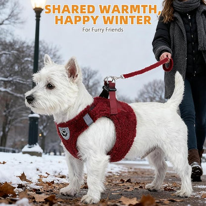 KOOLTAIL Plush Small Dog Harness and Leash Set, Warm Fleece No Pull Puppy Vest for Winter, Lightweight Reflective Step in Pet Harness for Medium Sized Dogs Boy Girl Outdoor Walking, Christmas Red S