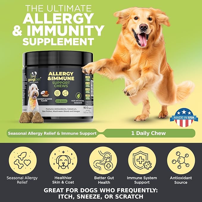 Googipet Dog Allergy Chews, Seasonal Dog Allergy Relief & Itchy Skin Relief, Skin & Coat Supplement +Bee Pollen, Colostrum, Coconut Oil, Probiotics, & Omega 3 Fish Oil for Dogs