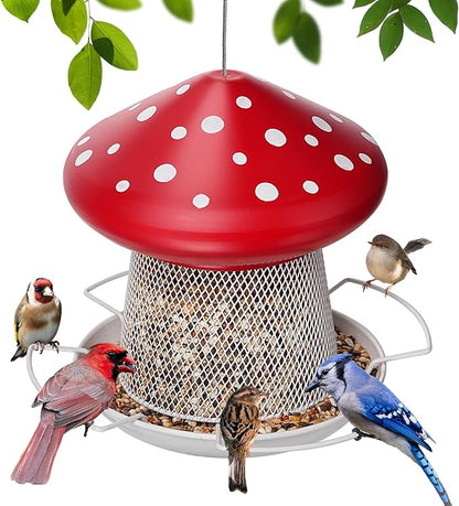 IWNTWY Bird Feeder, Heavy Duty Metal Bird Feeders for Outdoor Hanging, Cute Mushroom Shape 3.5 LB Large Capacity Wild Birdfeeder for Outside Garden Yard (Red)