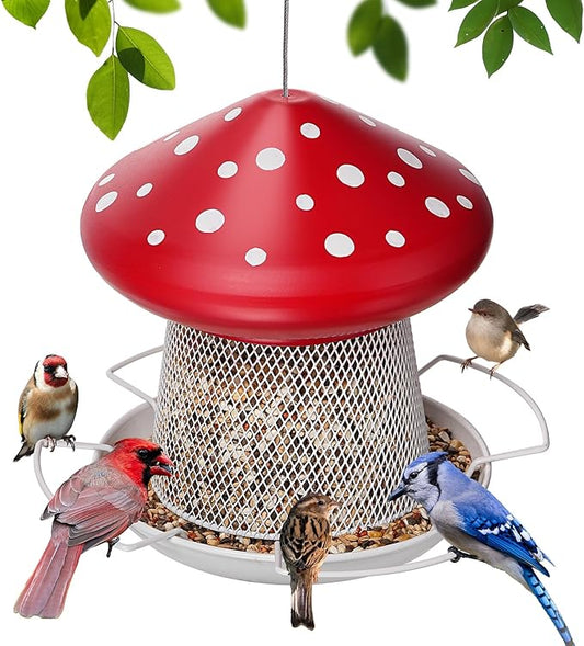 IWNTWY Bird Feeder, Heavy Duty Metal Bird Feeders for Outdoor Hanging, Cute Mushroom Shape 3.5 LB Large Capacity Wild Birdfeeder for Outside Garden Yard (Red)