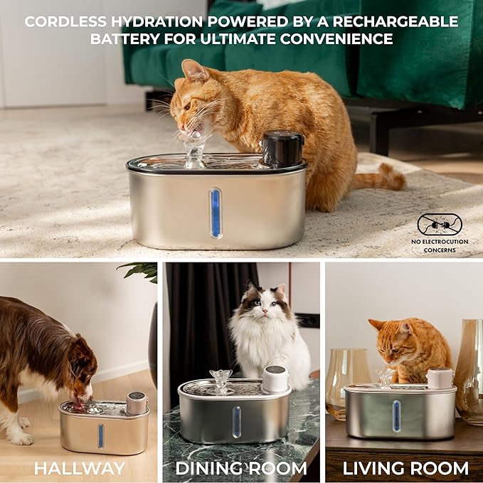 Wireless Cat Water Fountain Stainless Steel 108oz/3.2L, Cordless, Battery Operated Cat Fountain (Last up to 50 Days), Ultra Quiet, 2 Flow Modes, Multi-Filtration, BPA Free, Includes 2 Filters - Creamy