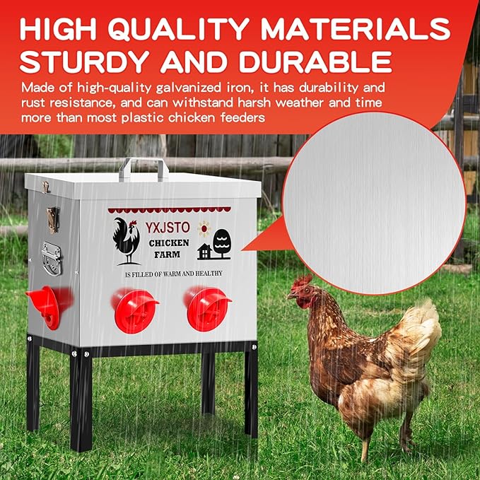 YXJSTO 40LB 6 Ports Large Automatic Chicken Feeder, No-Waste Metal Poultry Feeder, Chicken Feeder Box with Adjustable Legs & Locking Lid