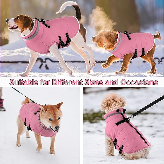 Dogcheer Dog Coat with Harness, Waterproof Dog Jacket Adjustable Winter Coat with Zipper, Christmas Puppy Snow Jacket Fleece Sweater for Small Medium Large Dogs - Light Pink S
