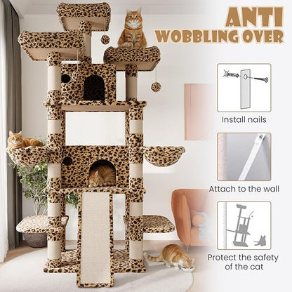 SHA CERLIN 81 Inches Extra Large Cat Tree for Indoor Adult Cats/XXL Big Cat Tower with Condo/Cozy Perches/Sisal Scratching Posts and Hammocks/Activity Center/F80/Heavy Duty/Leopard Print