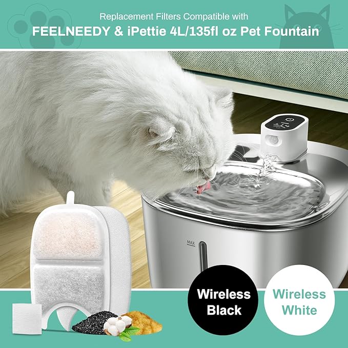 6 Set Replacement Filters & Sponges for 135 fl oz/4L Wilreless Cat Water Fountain, BFLICROY Cat Water Fountain Filters, Triple Filtration Pet Fountain Filter Replacement, Dog Fountain Filter