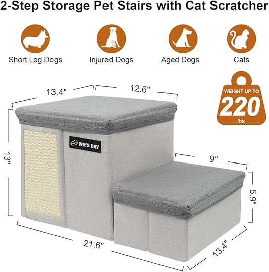 Dog Stairs for Bed Couch Folding with Storage, Dog Stairs for Small Dogs to Get On Bed with Cat Condo, Steps for Large Medium Dogs, Old Cat Pet Stair Steps for High Beds 13" H, Pet Ramp Up to 220LBS