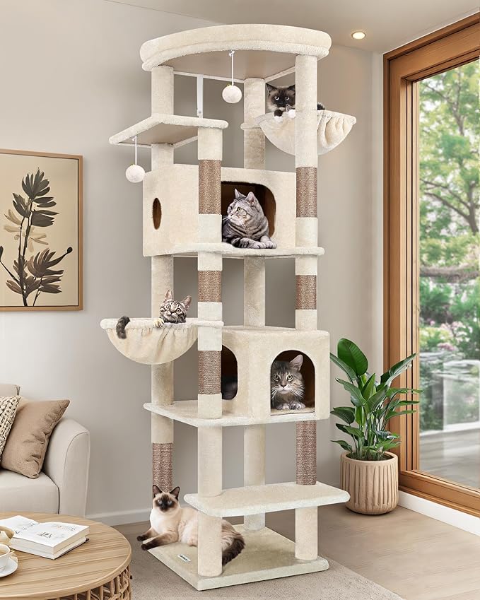 Globlazer Heavy Duty Cat Tree, 74in Sturdy Cat Tower for Large Cats Adult, Big Cat Tree with 7 Sisal Scratching Posts, 2 Padded Condos, 2 Dual-Ear Hanging Baskets, Enlarged Top Perch, S74, Beige