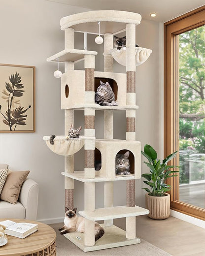 Globlazer Heavy Duty Cat Tree, 74in Sturdy Cat Tower for Large Cats Adult, Big Cat Tree with 7 Sisal Scratching Posts, 2 Padded Condos, 2 Dual-Ear Hanging Baskets, Enlarged Top Perch, S74, Beige