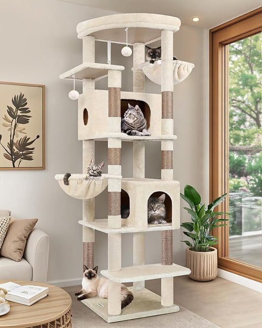 Globlazer Heavy Duty Cat Tree, 74in Sturdy Cat Tower for Large Cats Adult, Big Cat Tree with 7 Sisal Scratching Posts, 2 Padded Condos, 2 Dual-Ear Hanging Baskets, Enlarged Top Perch, S74, Beige