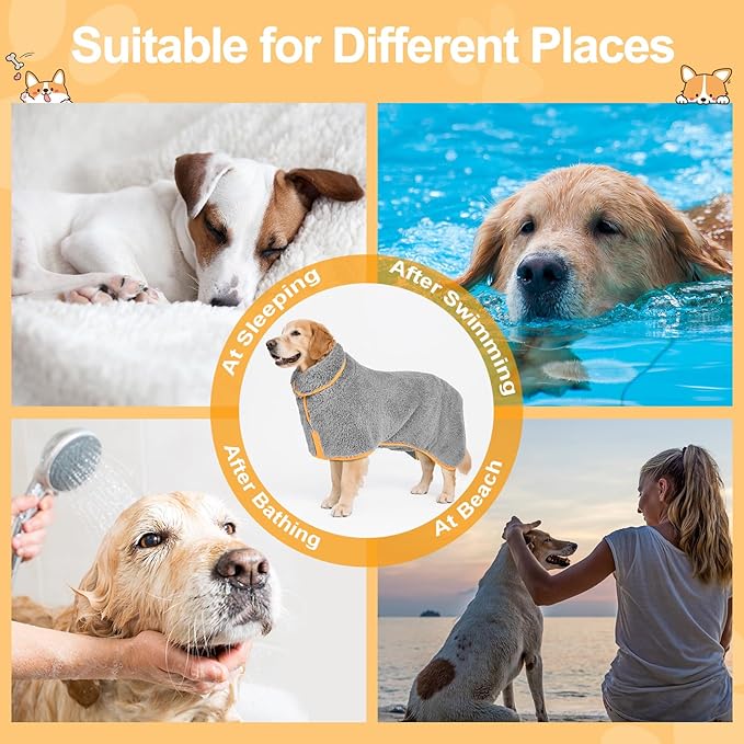 Bienbee Dog Bathrobe, Quick Drying Super Absorbent Dog Robes for After Bath, Warm Keeping Dogs Towel, Dogs Bath Supplies, Gray XXL
